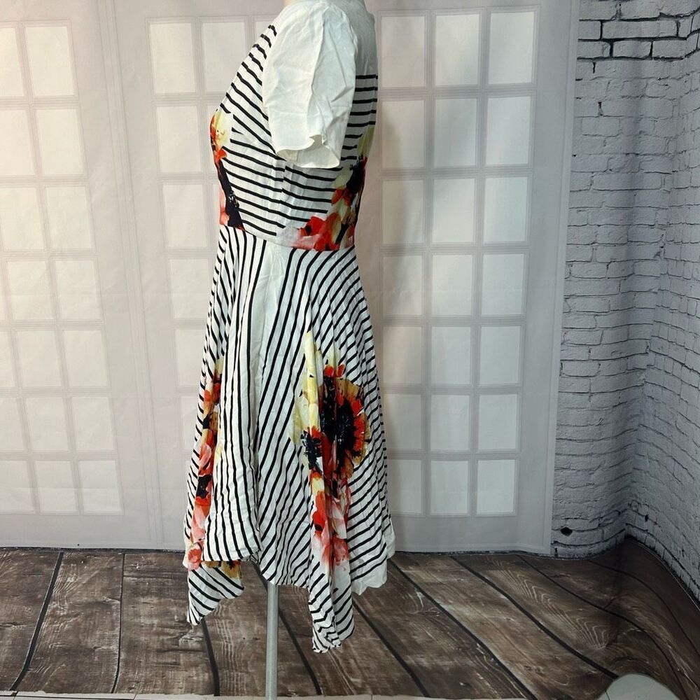 Anthropologie Cream Striped Midi Dress with Red & Pink Floral Print - Picture 6 of 11